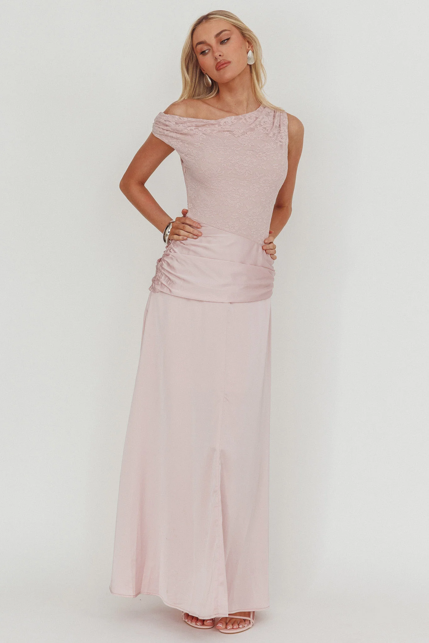 Diana Asymmetric Shoulder Pleat Waist Maxi Dress Blush