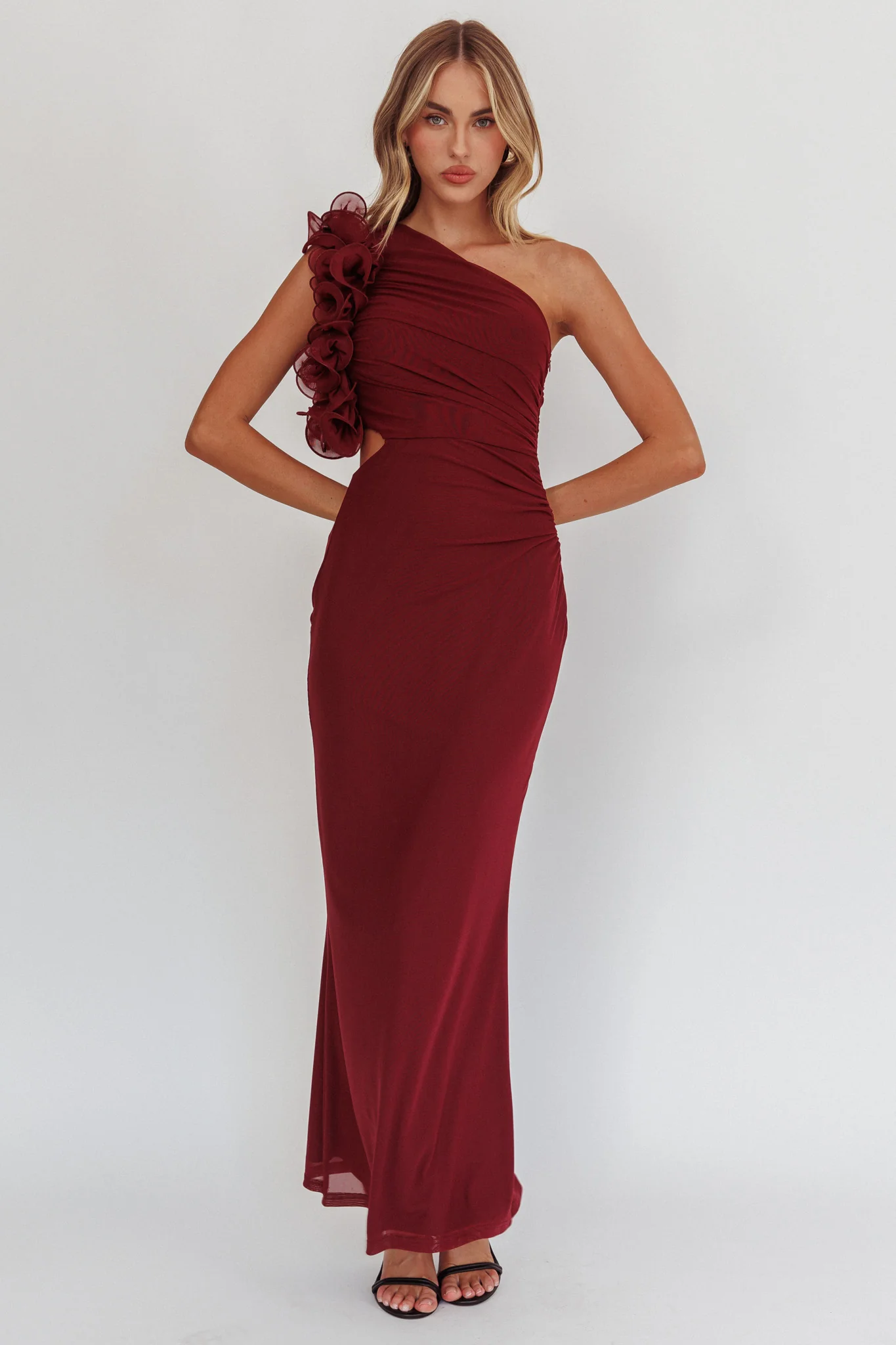 Deanna One-Shoulder Ruffle Maxi Dress Wine