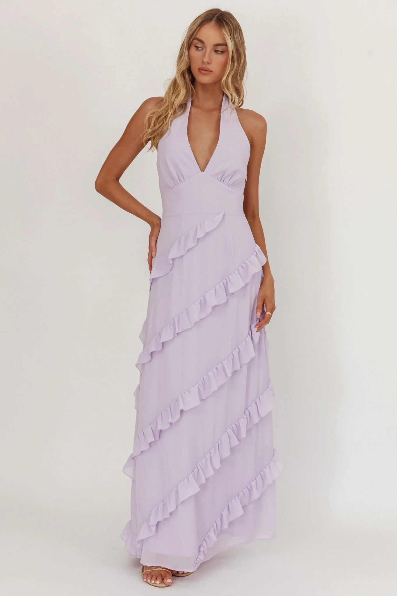 Flirt Frill Trim Halter Maxi Dress Lilac