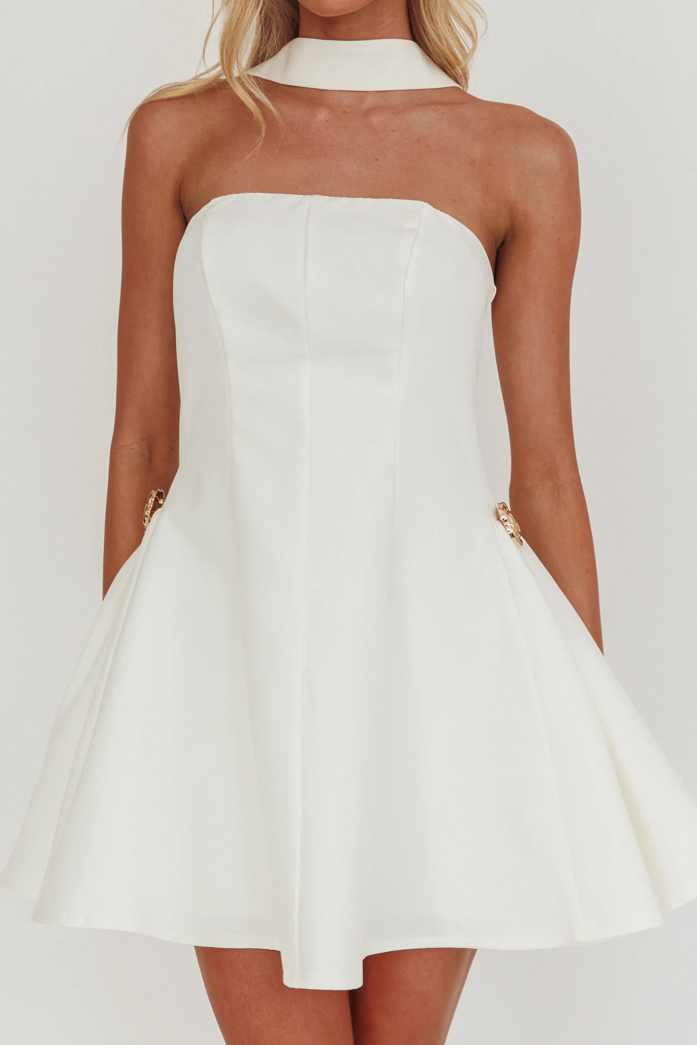 Annora Strapless Gold Button Mini Dress White