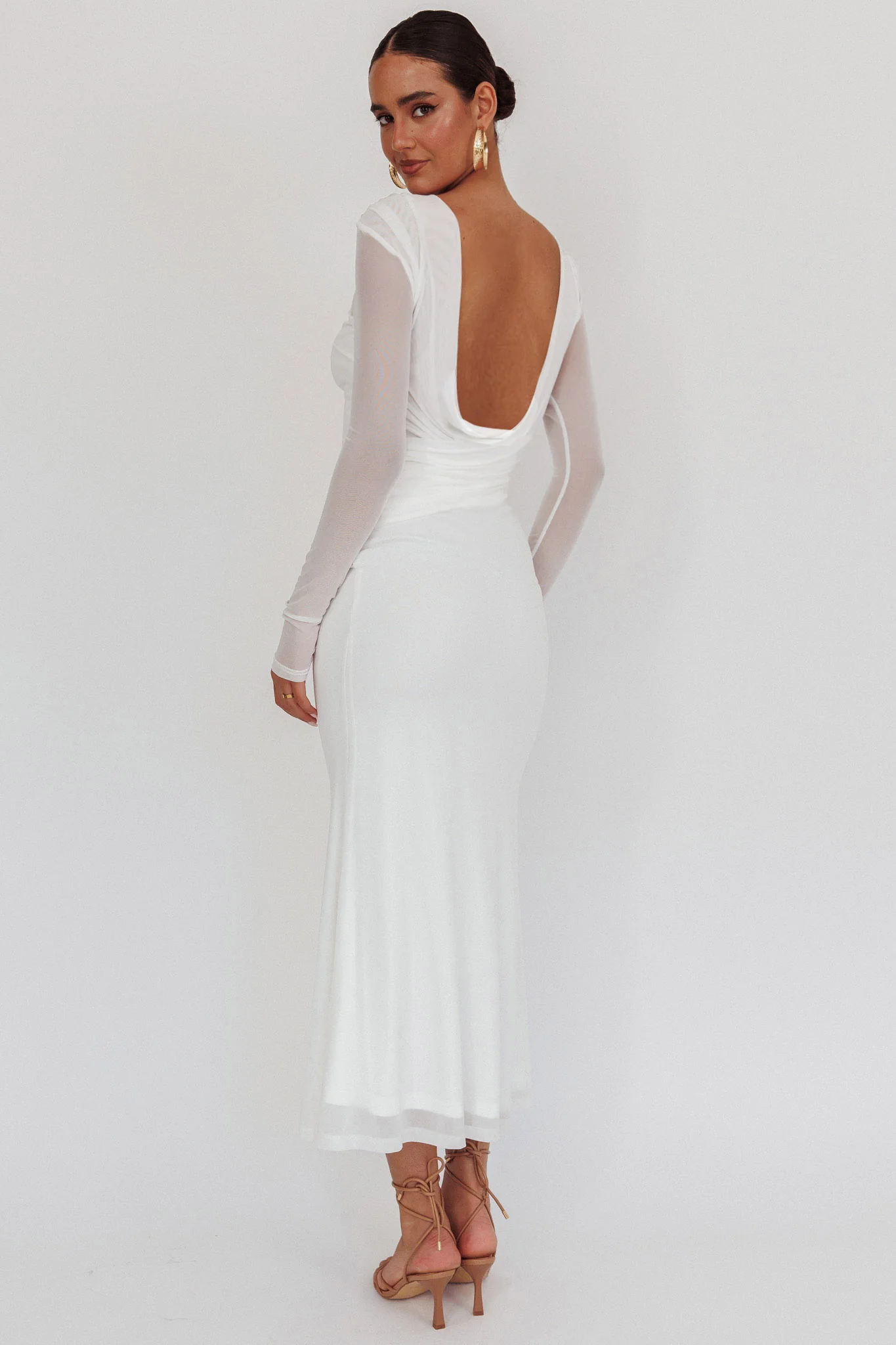 Lustre Open Back Mesh Maxi Dress White