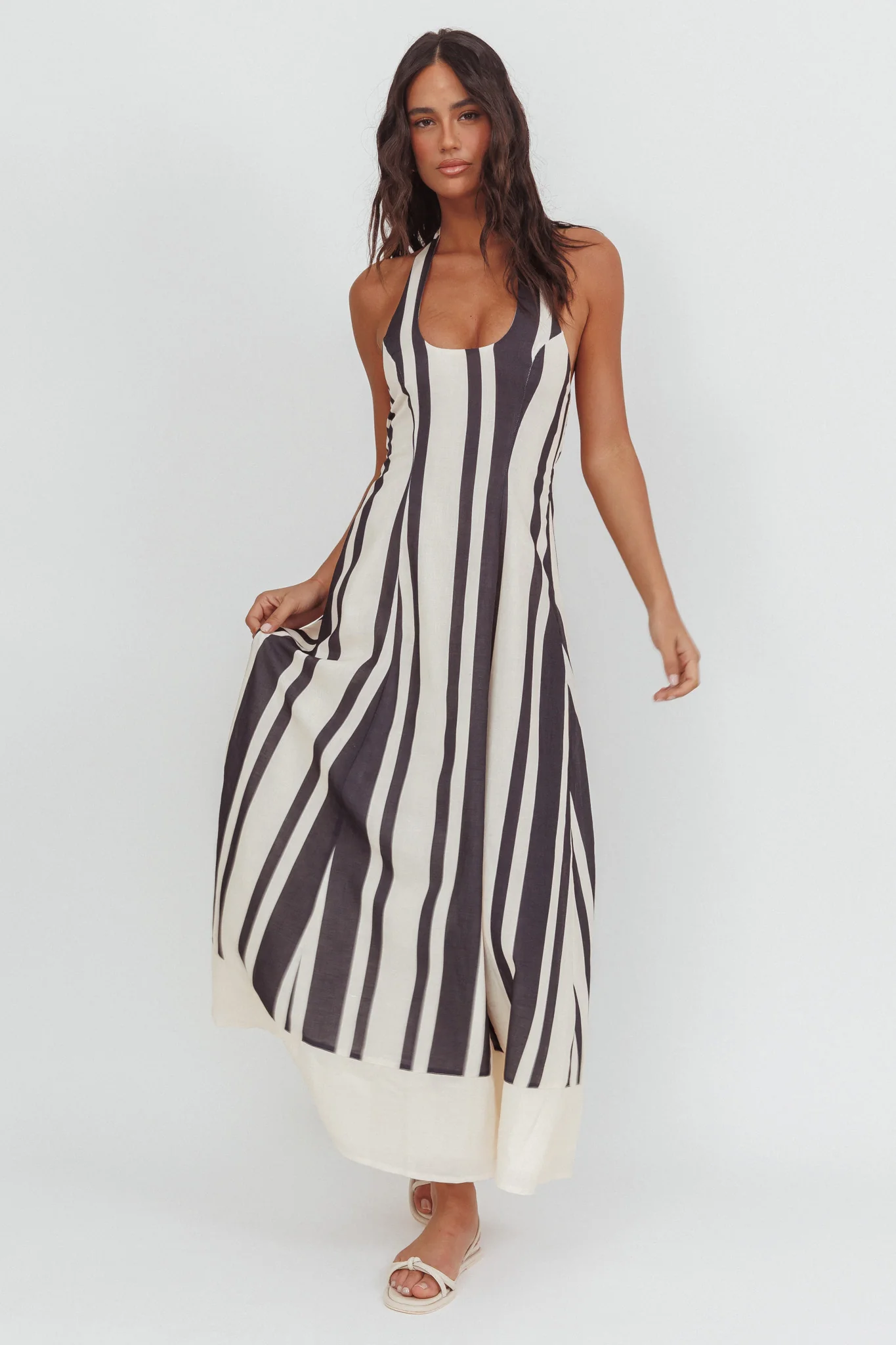 Florie Scoop Neck Halter Maxi Dress Stripe Black