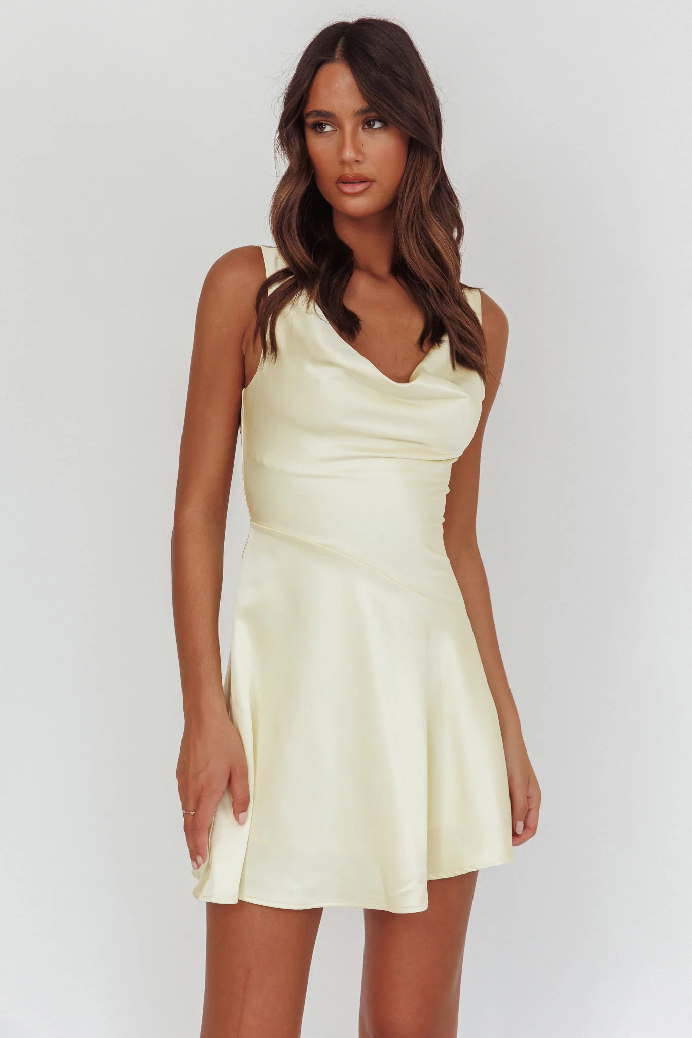 Brigid Cowl Neck Scoop Back Mini Dress Butter