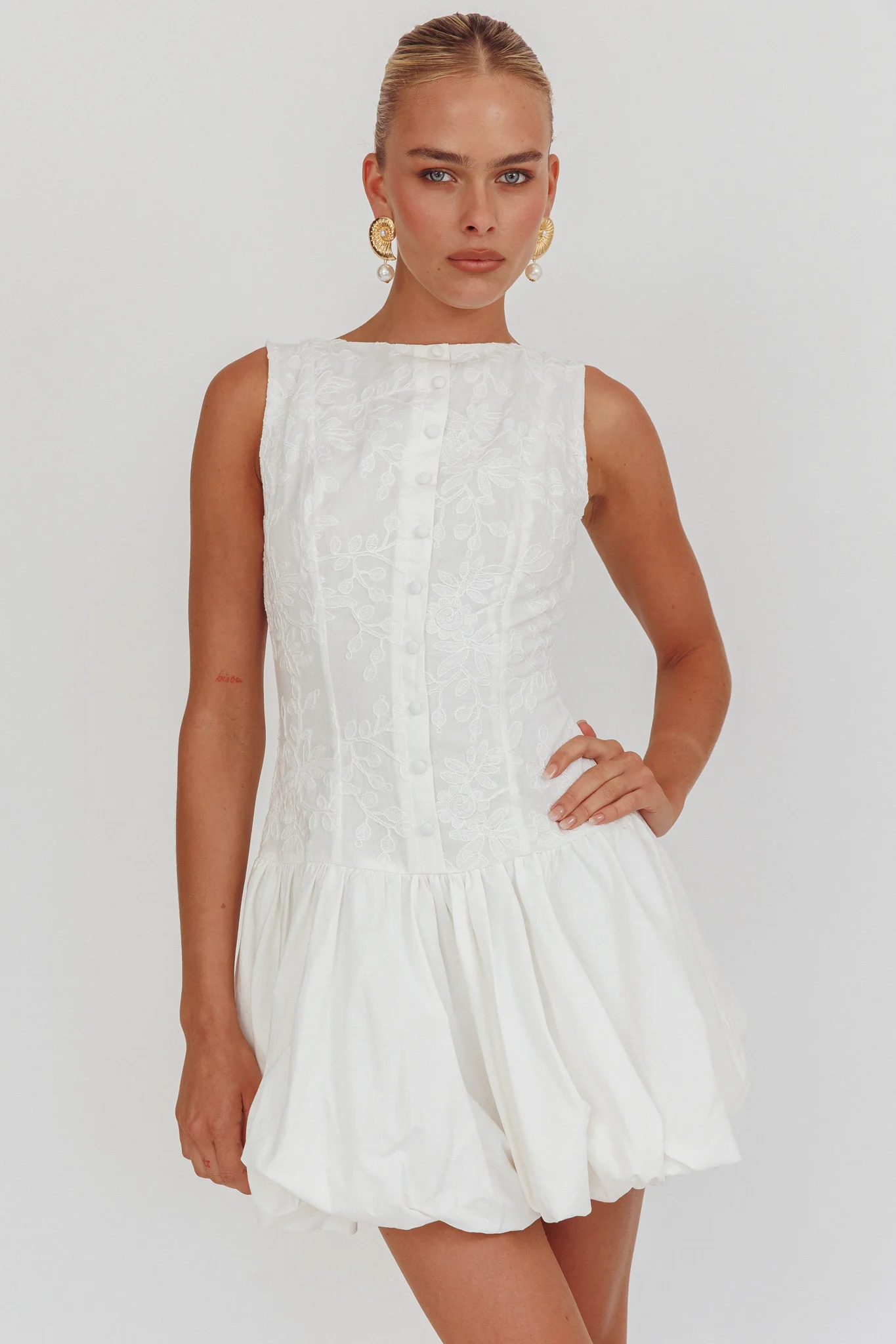 Opulent Sleeveless Bubble Hem Mini Dress Embroidered White