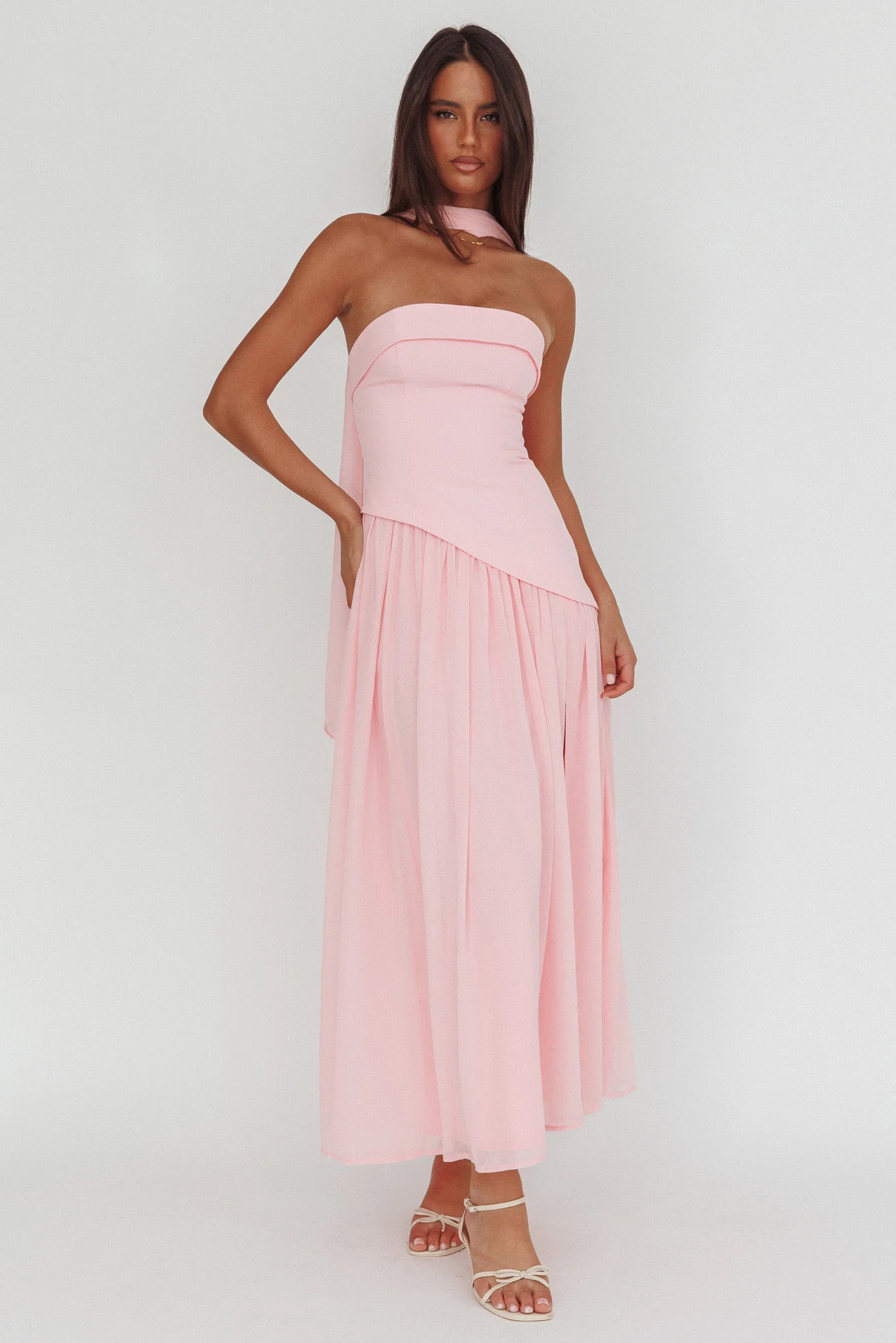 Mariabella Asymmetric Bodice Maxi Dress Pink