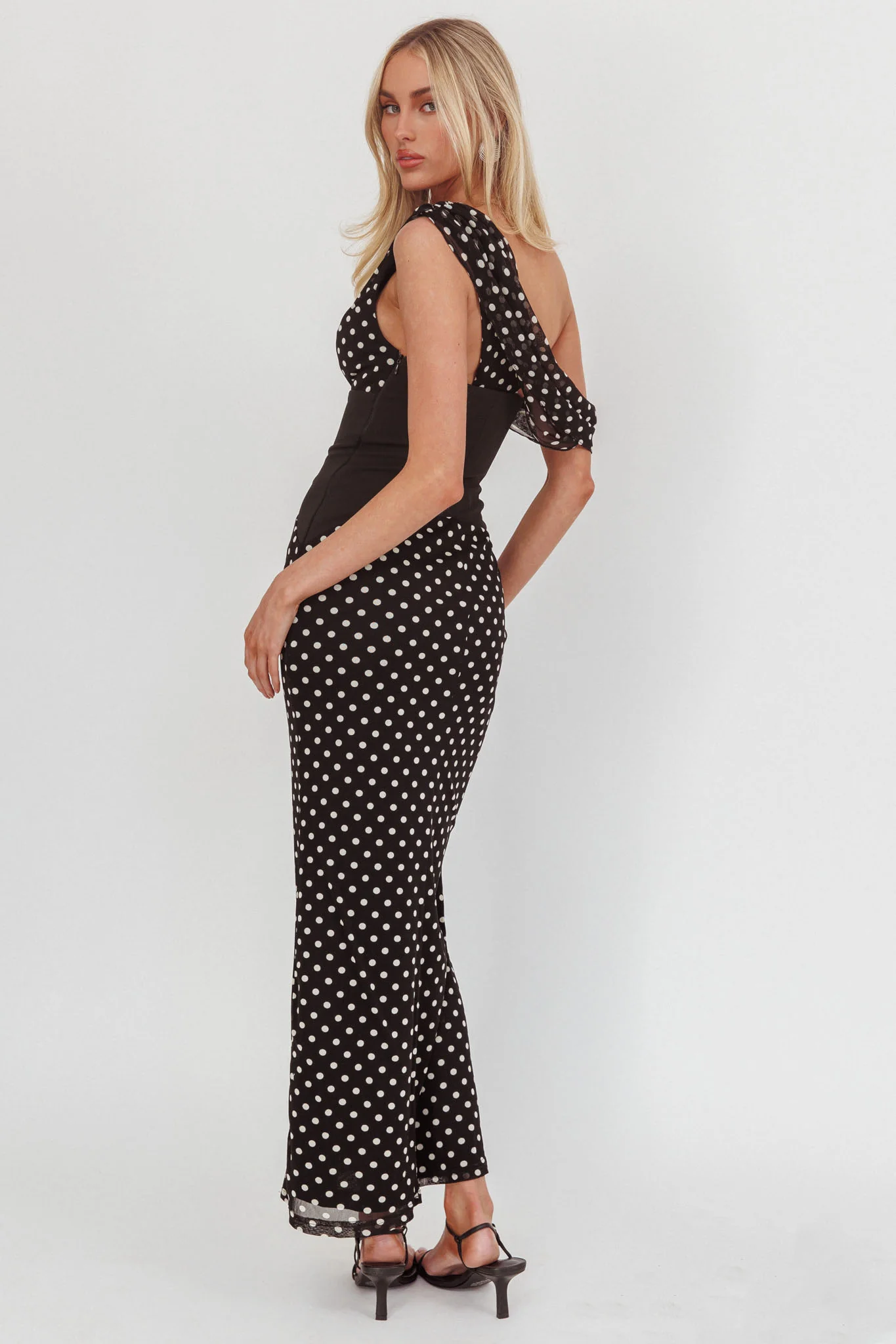 Milos Asymmetric Neckline Maxi Dress Black Dot