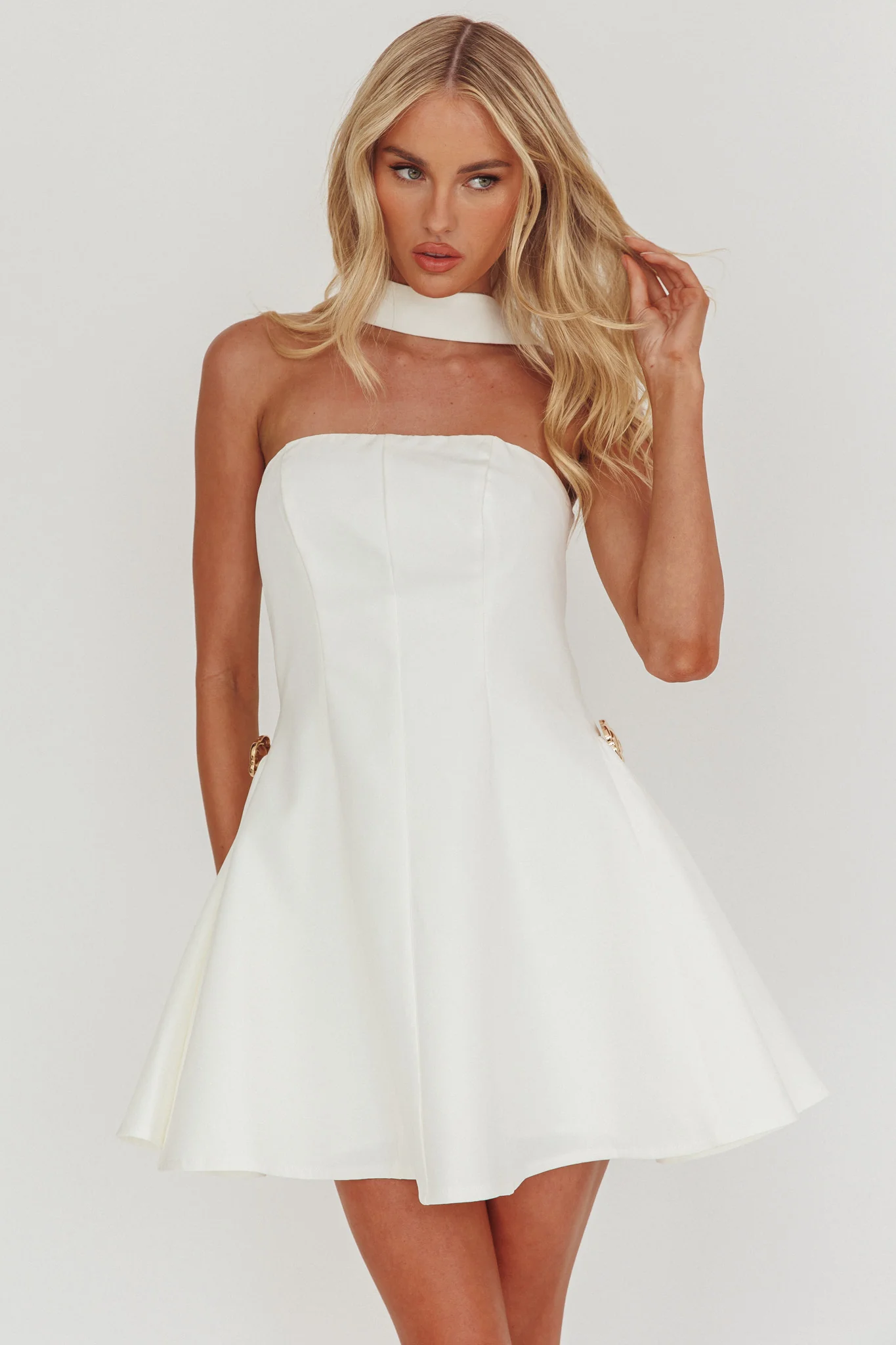 Annora Strapless Gold Button Mini Dress White