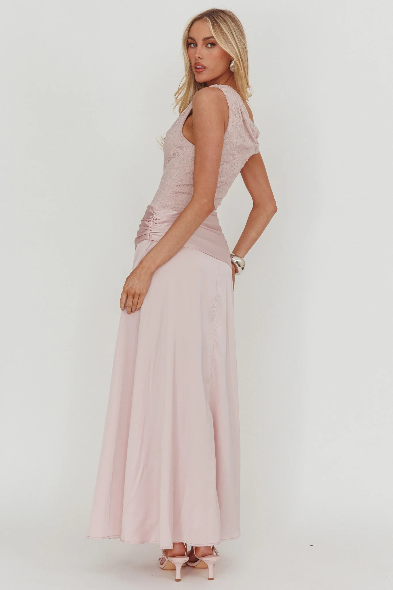 Diana Asymmetric Shoulder Pleat Waist Maxi Dress Blush