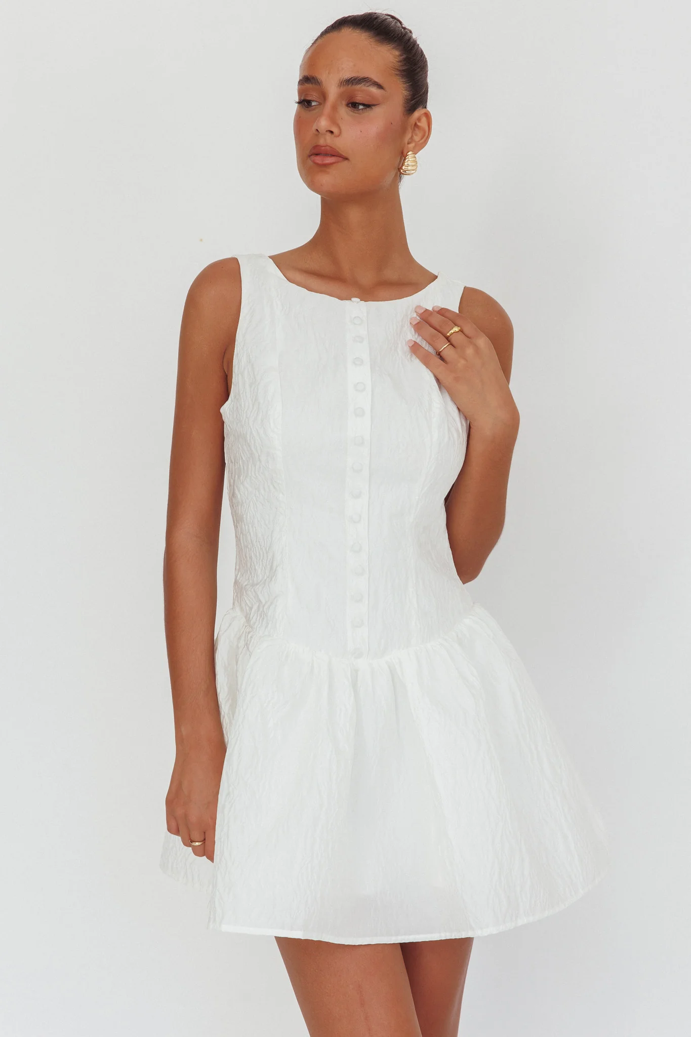 Profile Pic Drop Waist Flounce Mini Dress Textured White