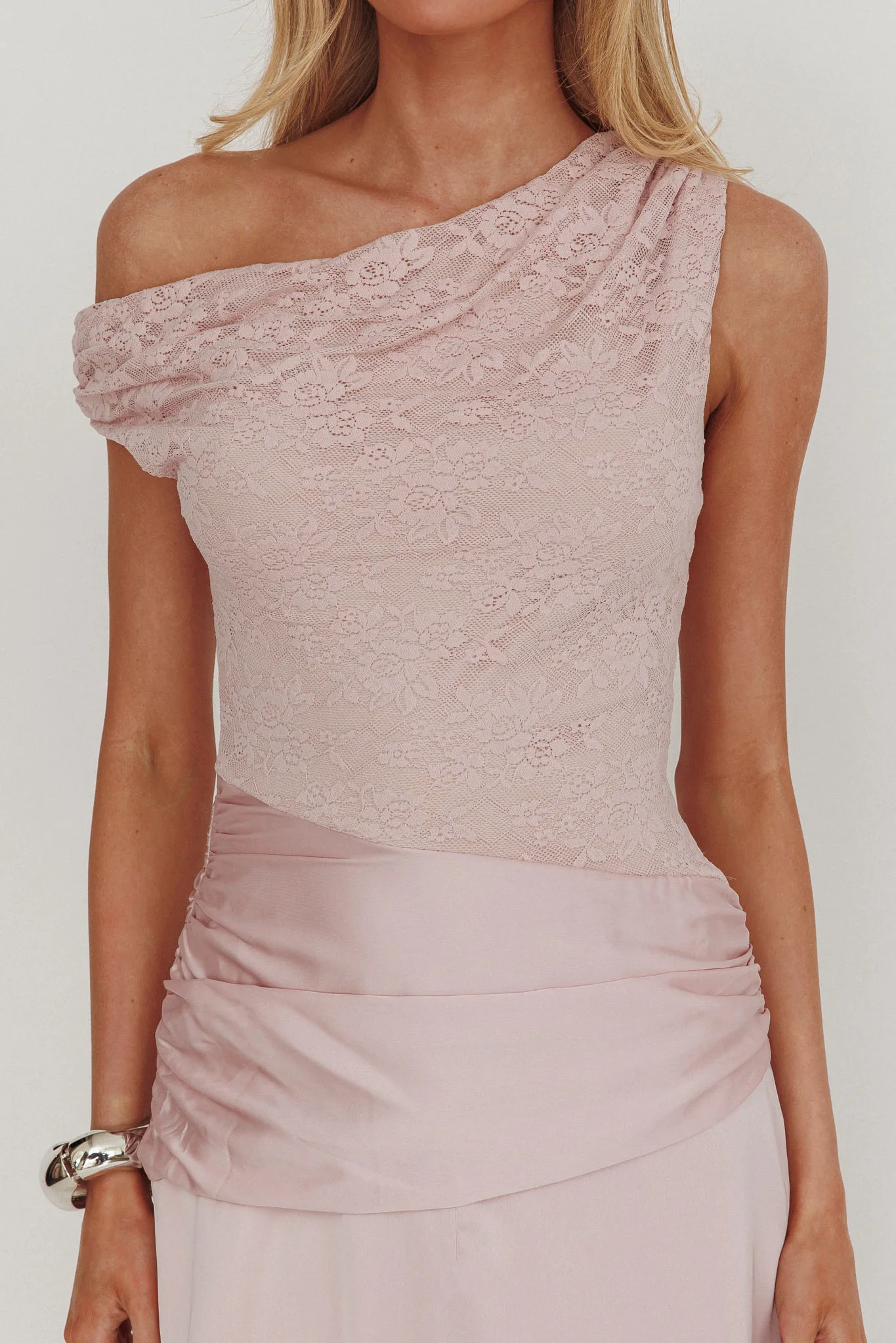 Diana Asymmetric Shoulder Pleat Waist Maxi Dress Blush