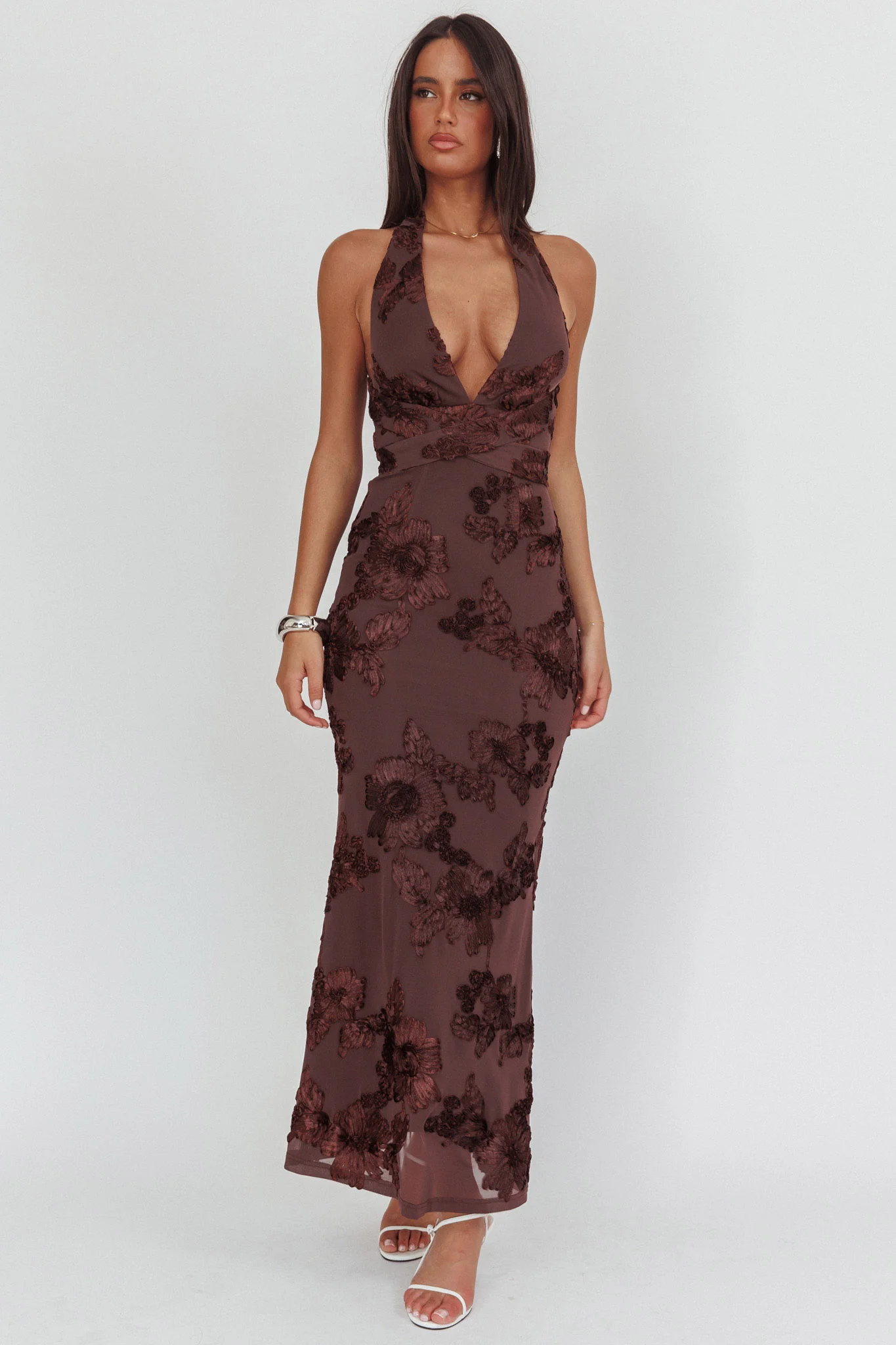 Cipriana Backless Halter Maxi Dress Embellished Brown