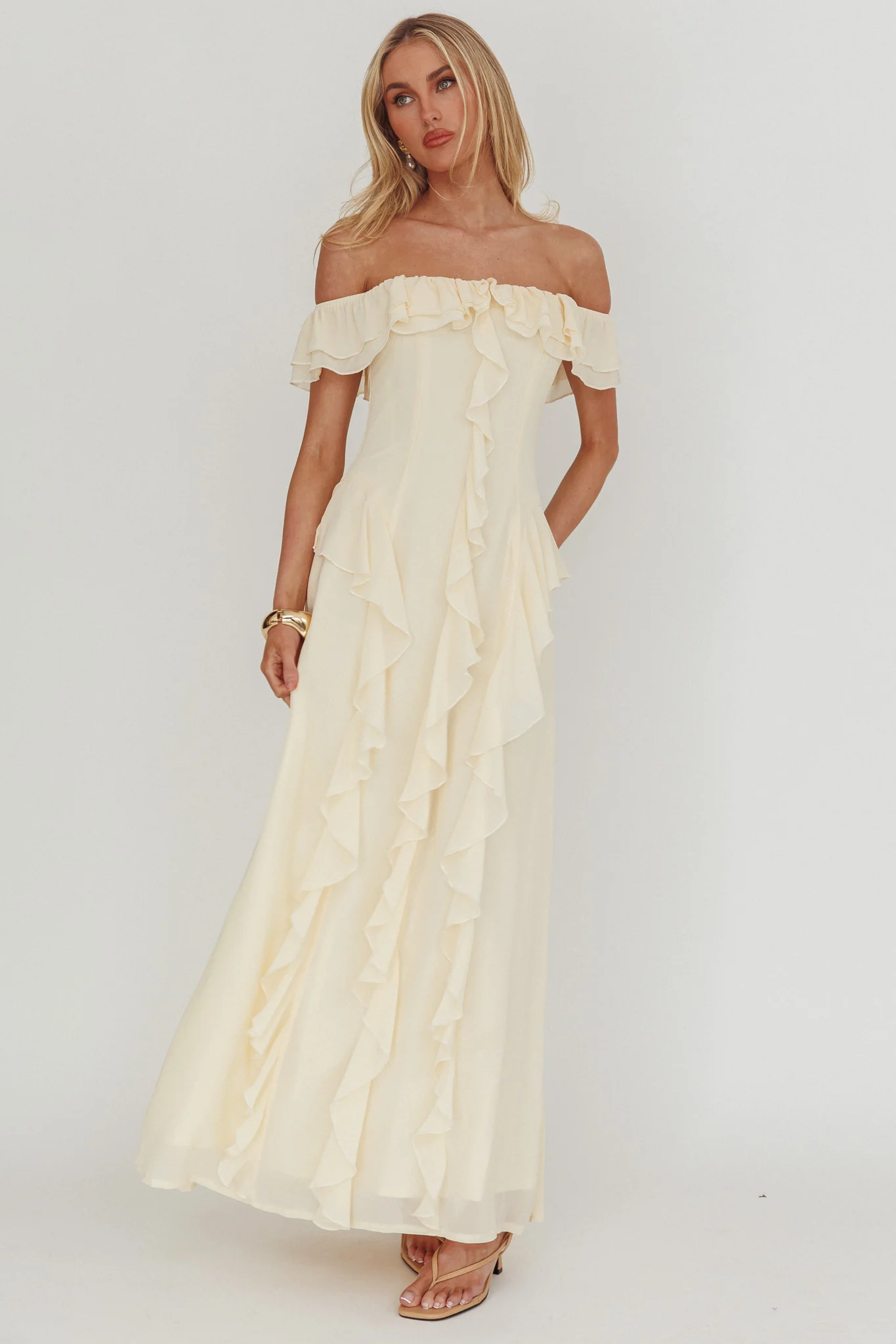 Scarlet Off-Shoulder Ruffle Trim Maxi Dress Butter