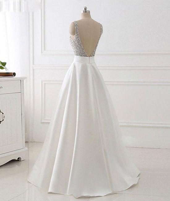 Unthony - V Neck Backless White Prom Dress With Beads