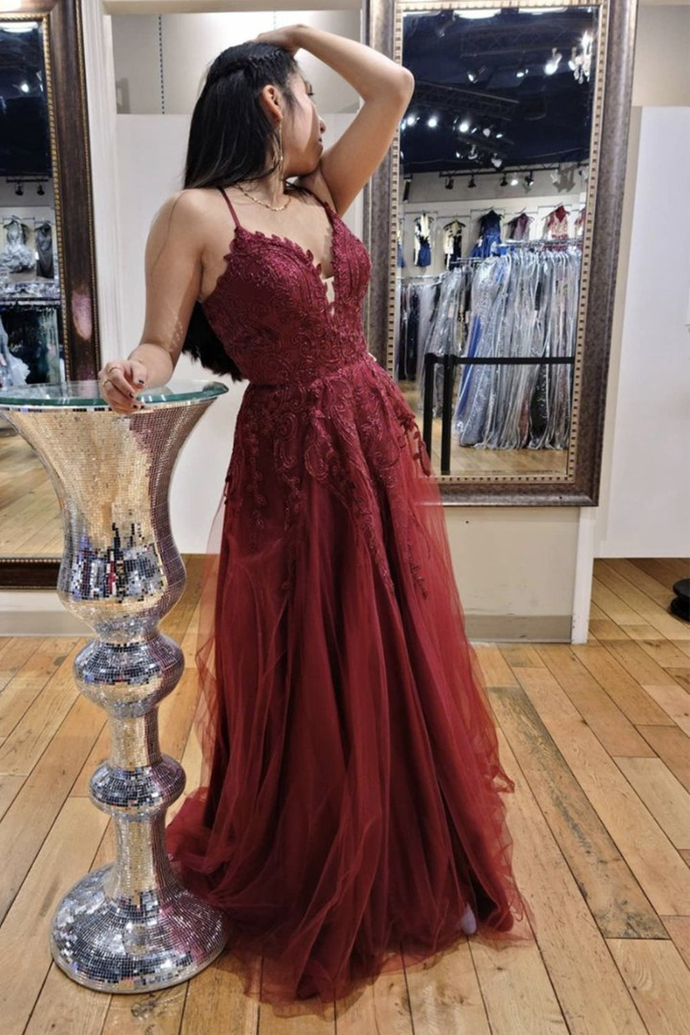 Unthony - A Line V Neck Burgundy Lace Long Prom Dress