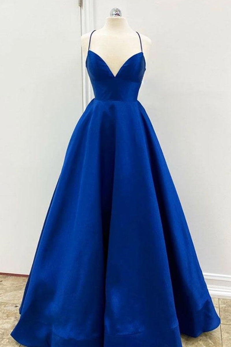 Unthony - Simple V Neck Backless Royal Blue Satin Long Prom Dress