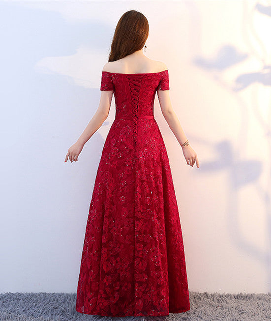 Unthony - A Line Off Shoulder Lace Burgundy Prom Dresses