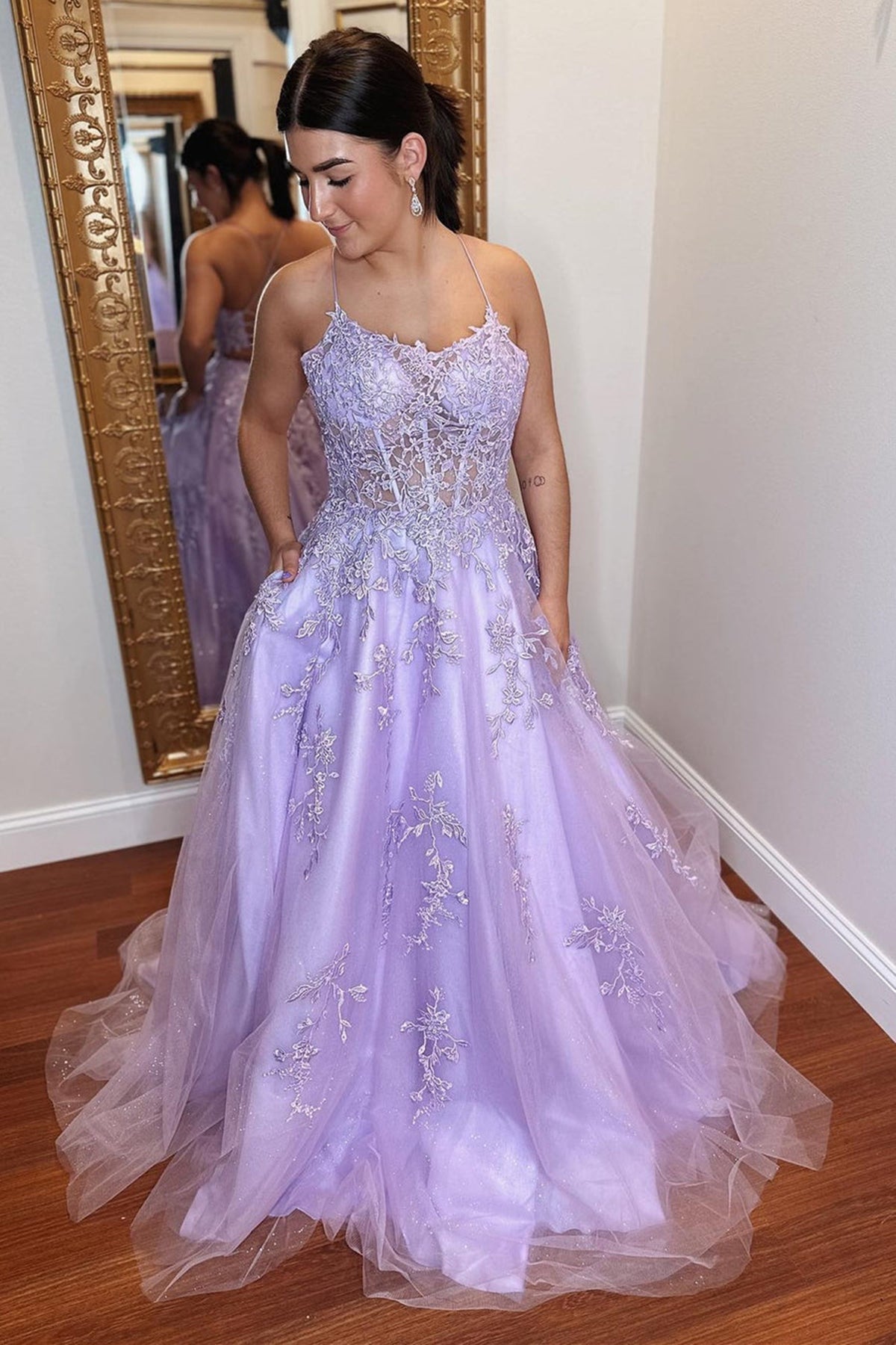 Unthony - Open Back Purple Lace Tulle Long Prom Dress