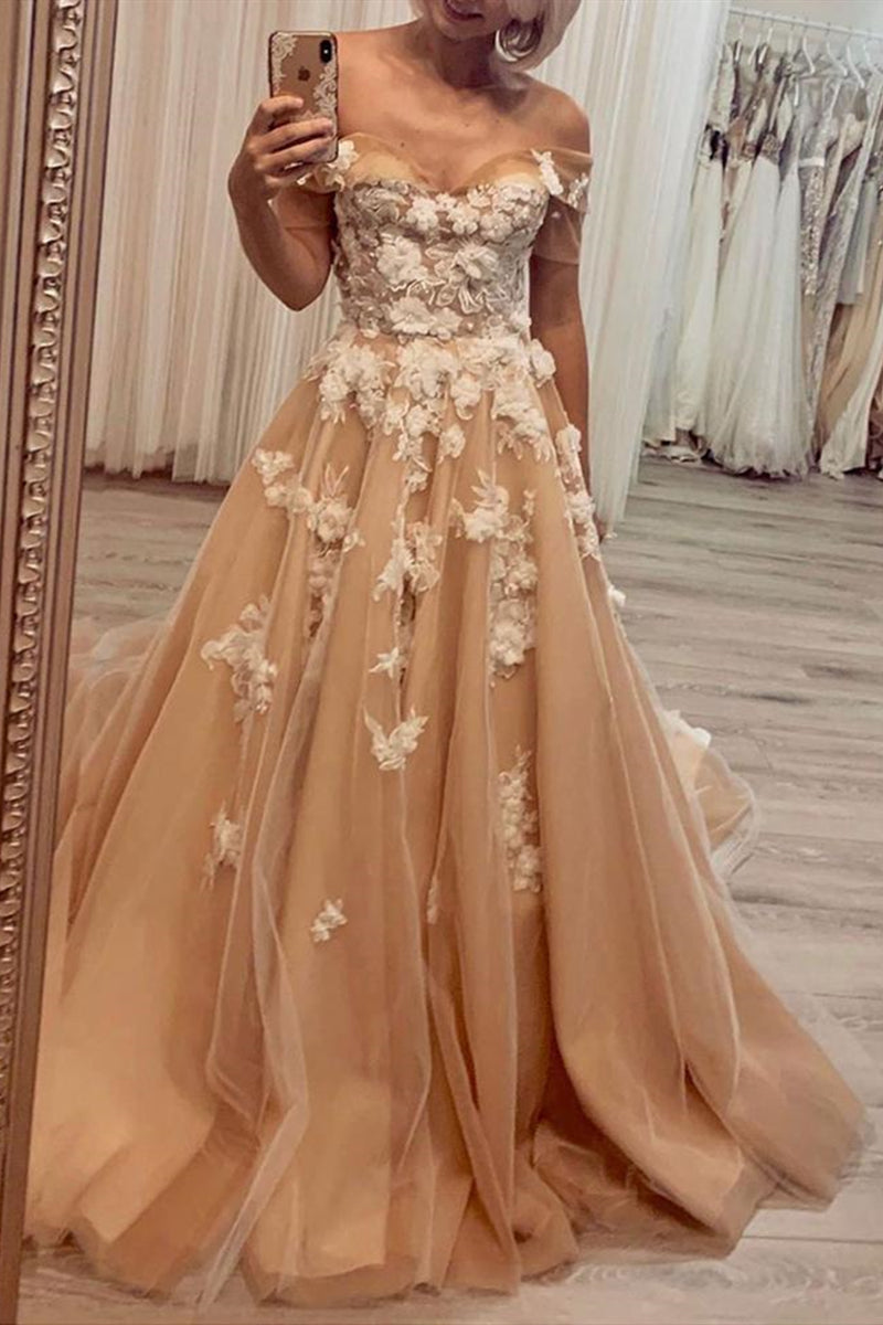 Unthony - Glamorous Off the Shoulder Champagne Lace Long Prom Dress