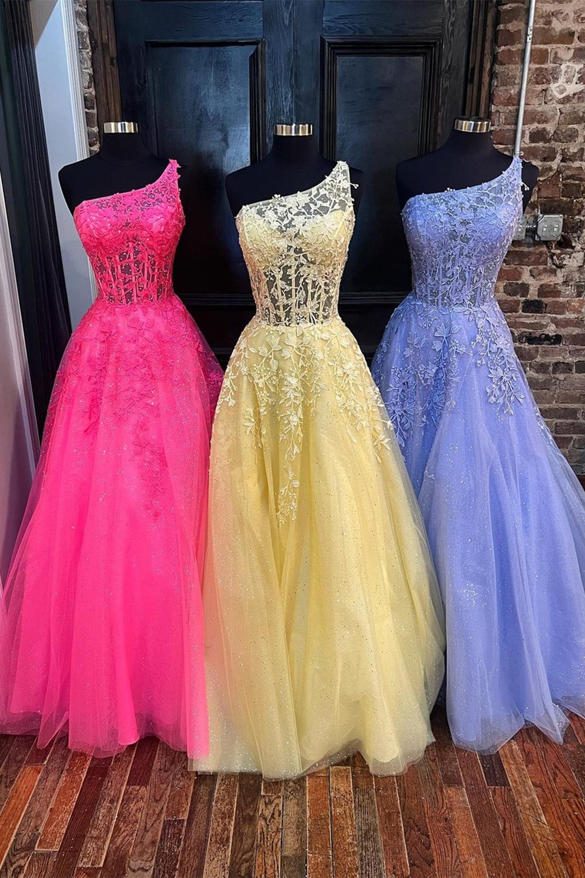 Unthony - One Shoulder Hot Pink/Yellow/Lilac Lace Long Prom Dress