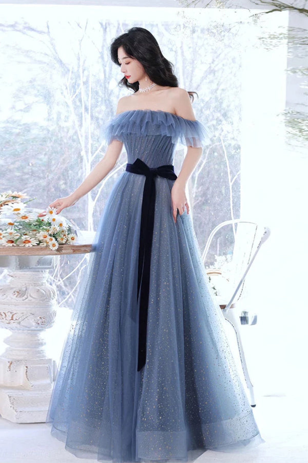 Unthony - Elegant Off Shoulder Gray Blue Long Prom Dresses