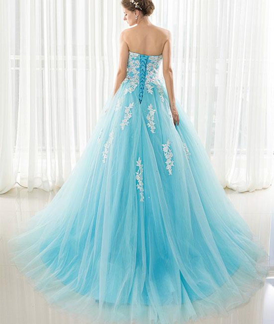 Unthony - Blue Sweetheart Neck Lace Tulle Long Prom Dress with White Appliques