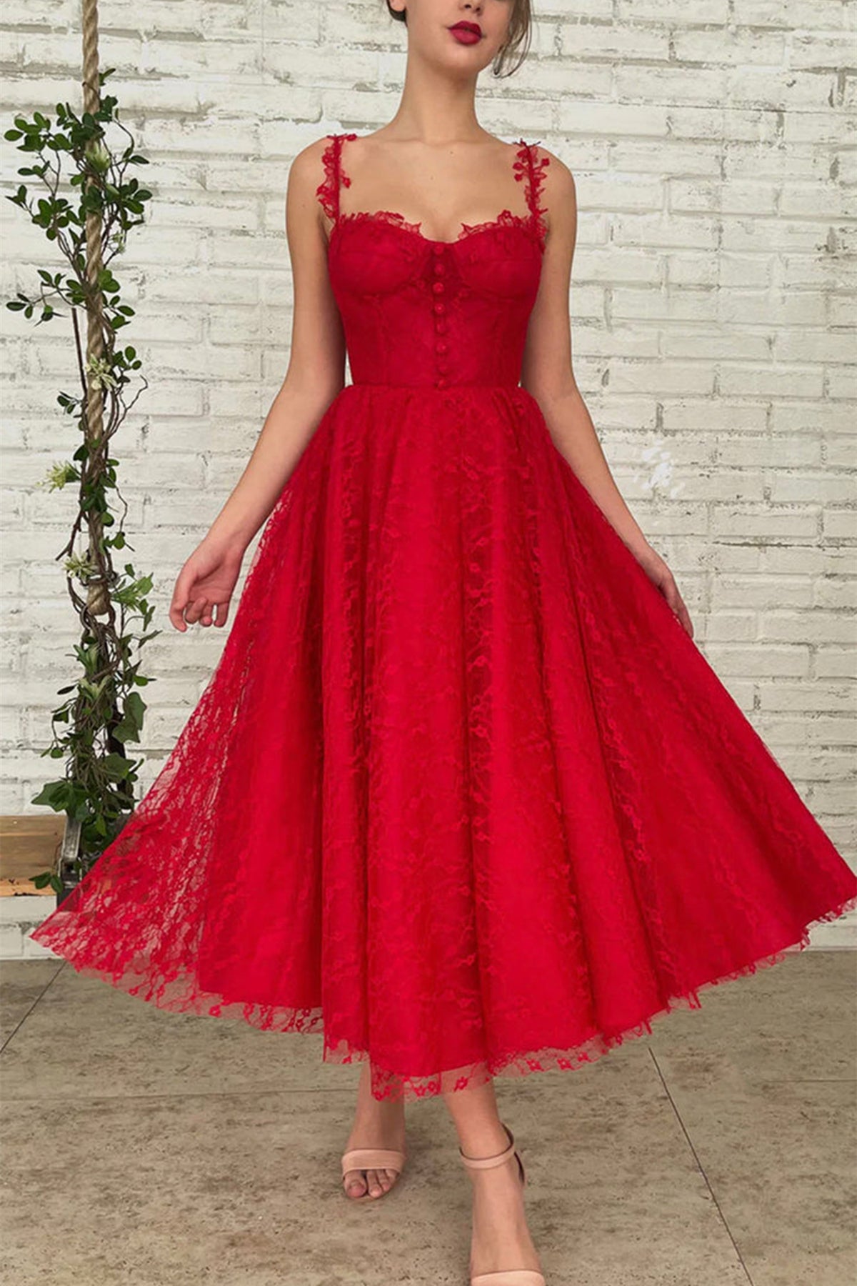 Unthony - Red Lace Tea Length Prom Dress