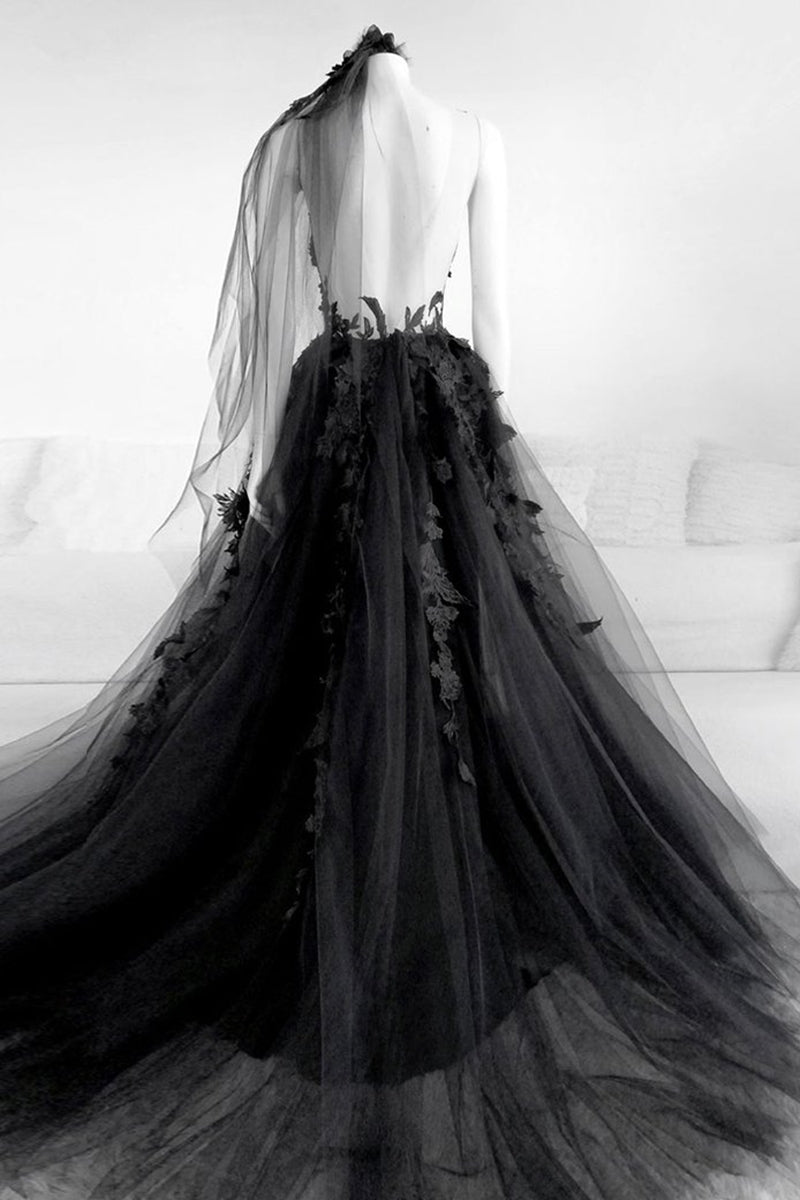 Unthony - Sexy Backless Appliques Black Lace Long Prom Dress