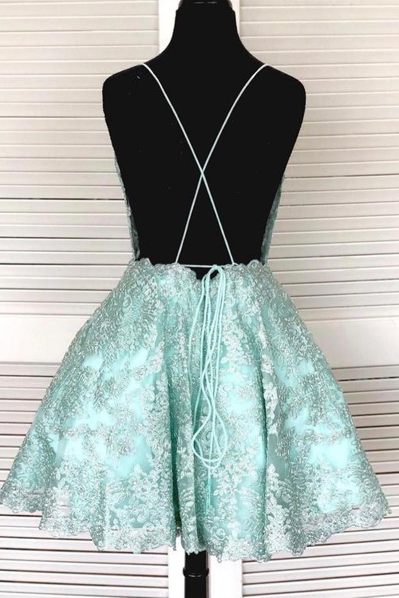 Unthony - A-Line Spaghetti Straps Backless Mint Green Lace Short Prom Dress