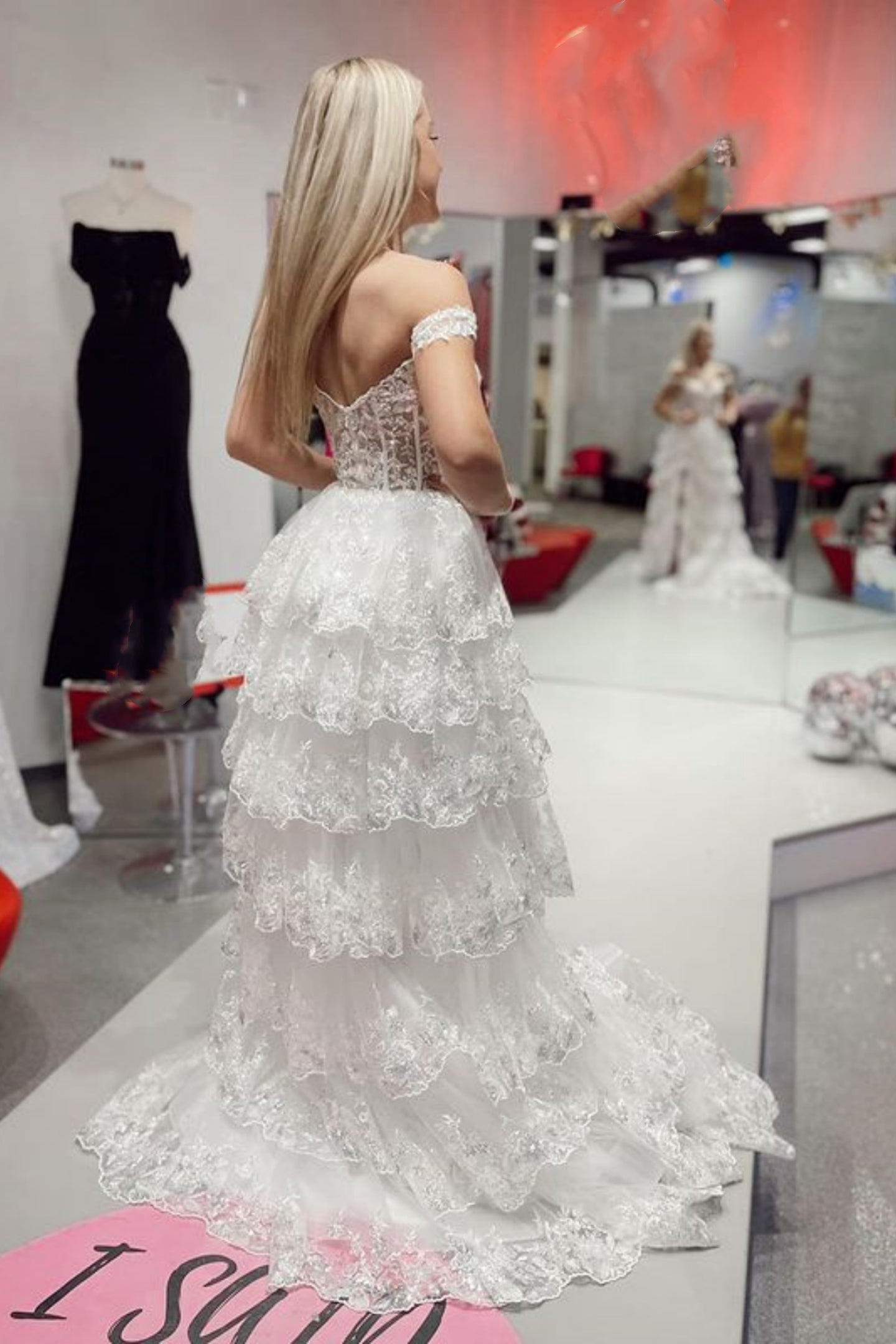 Unthony - Off Shoulder White/Black Lace Long Prom Dress with High Slit