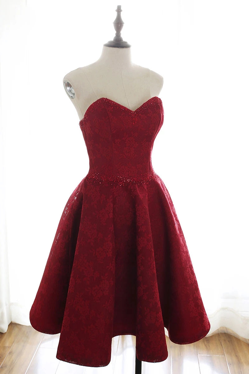 Unthony - Sweetheart Neck Strapless Burgundy Lace Short Prom Dress Homecoming Dress