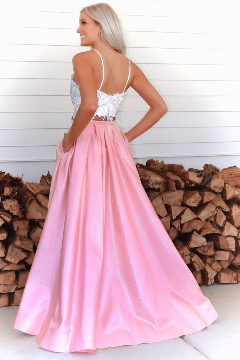 Unthony - Two Pieces White Lace Top Pink Long Prom Dress with High Slit