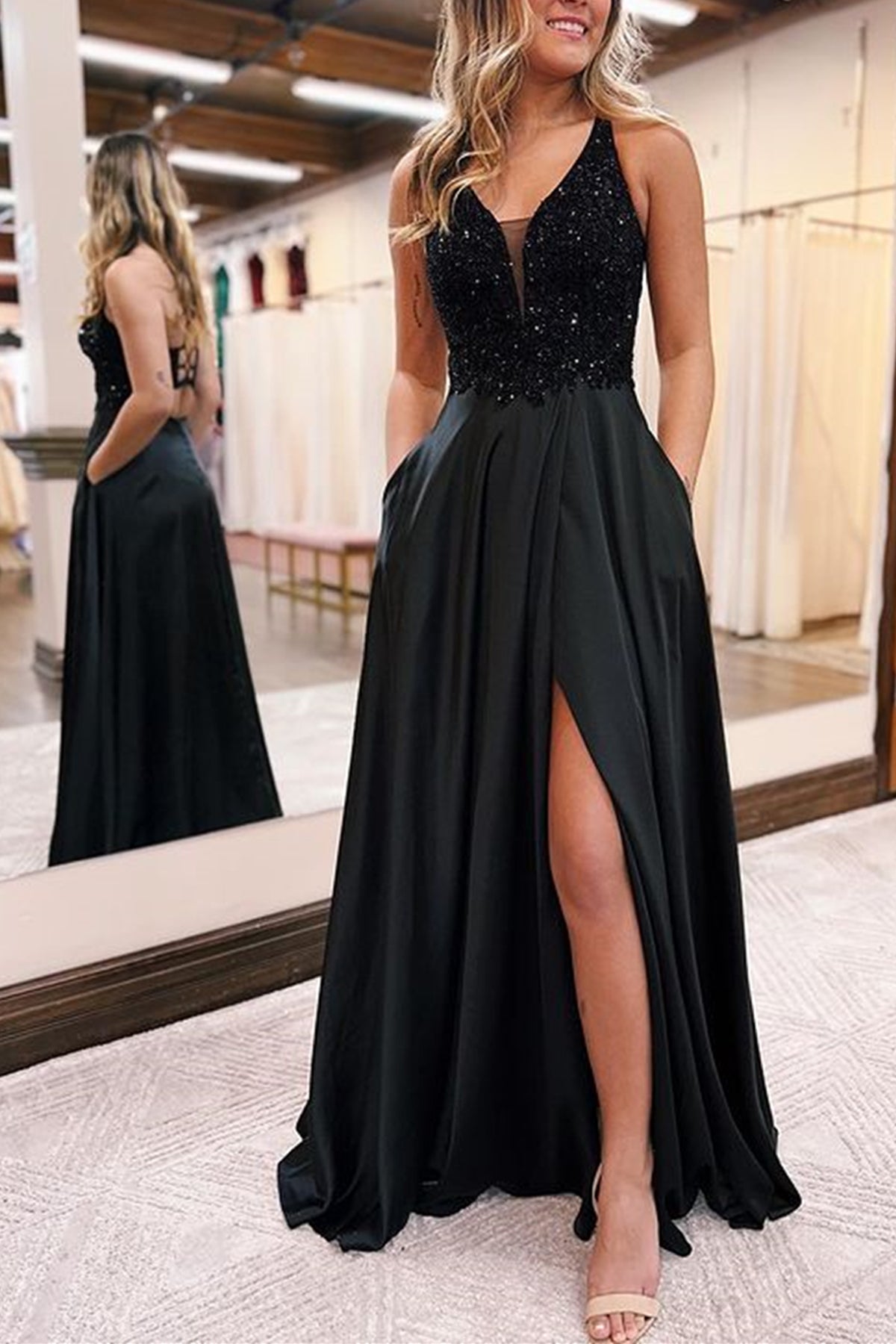 Unthony - V Neck Dark Green Sequins Long Prom Dress with High Slit