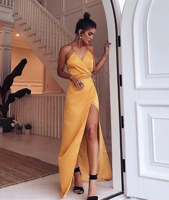 Unthony - Custom Made A Line Yellow Long Prom Dress with Leg Slit