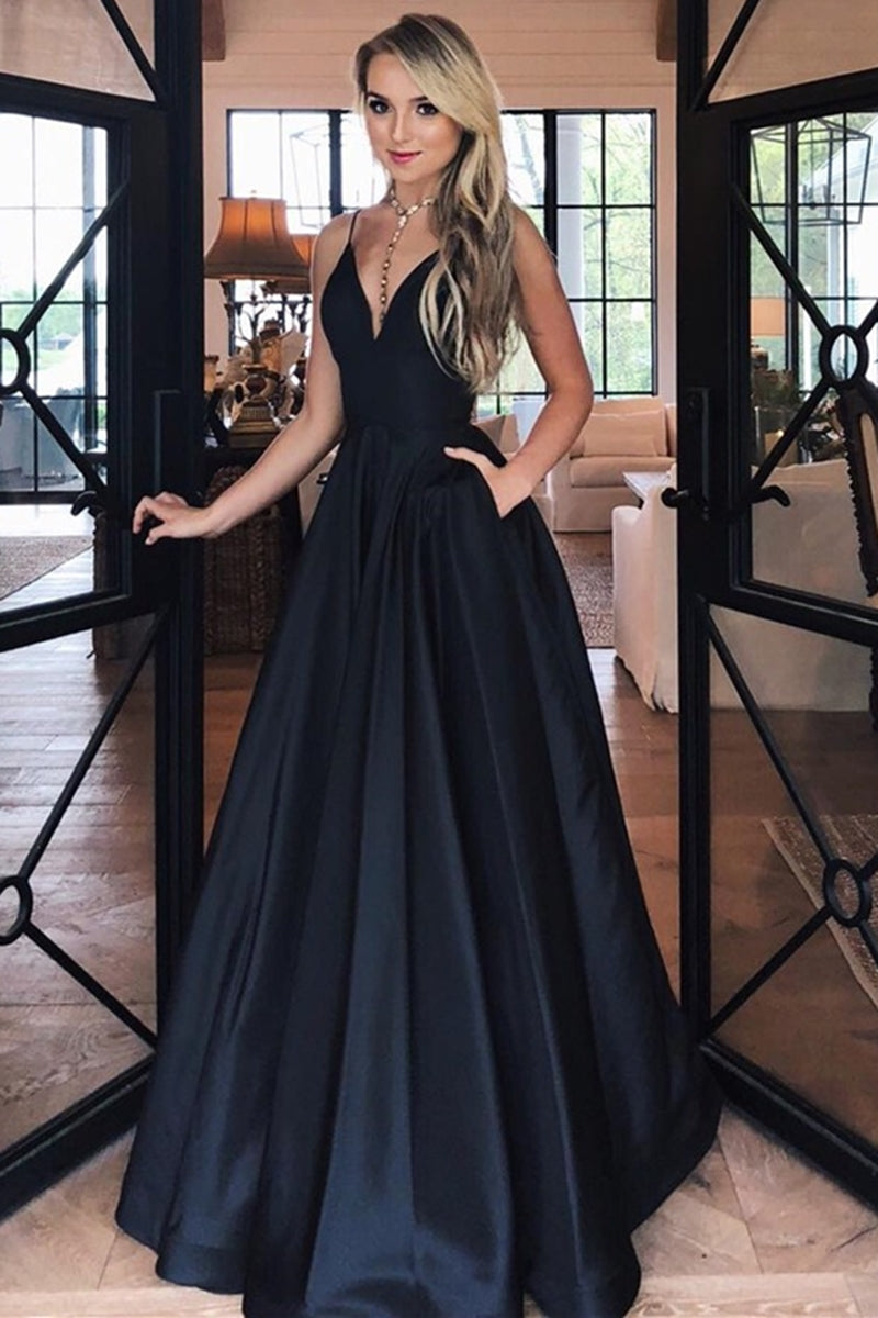 Unthony - Simple A Line V Neck Black Satin Long Prom Dress with Pocket