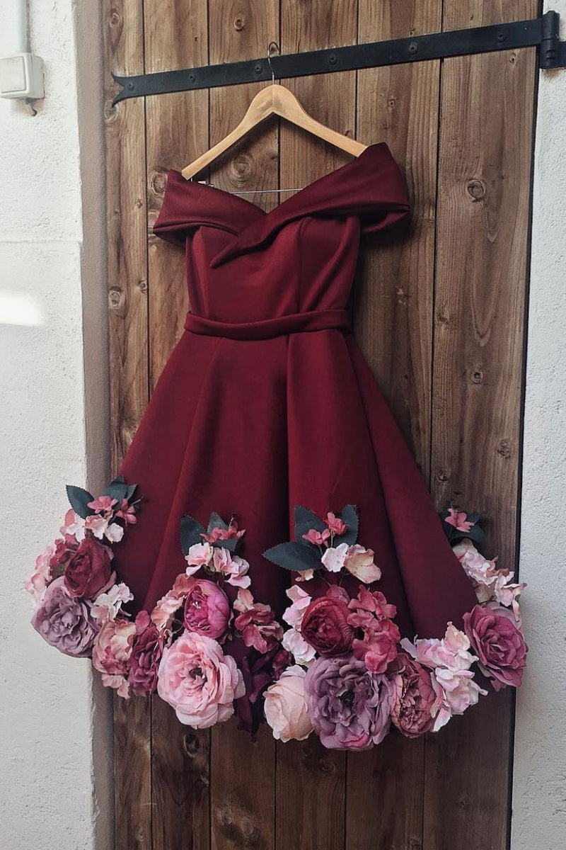 Unthony - Off Shoulder 3D Flowers Burgundy Homecoming Dresses Short Prom Dresses with Appliques