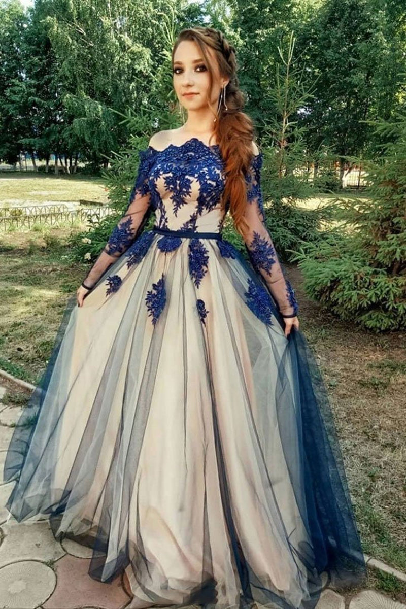 Unthony - Long Sleeves Blue Lace Prom Dresses