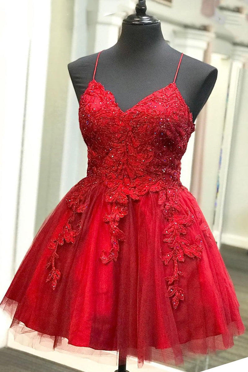 Unthony - A Line V Neck Backless Lace Red Short Prom Dress Homecoming Dress