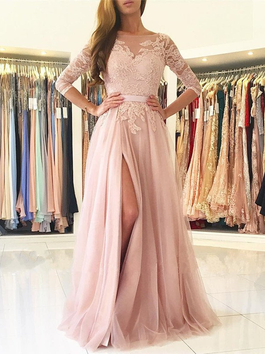 Unthony - A Line 3/4 Sleeves Backless Lace Pink Long Prom Dresses with High Slit