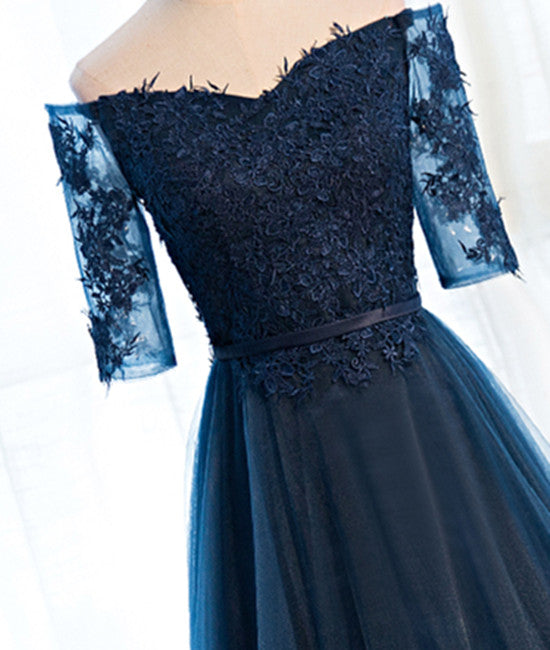 Unthony - Navy Blue Half Sleeves Lace Long Prom Dresses