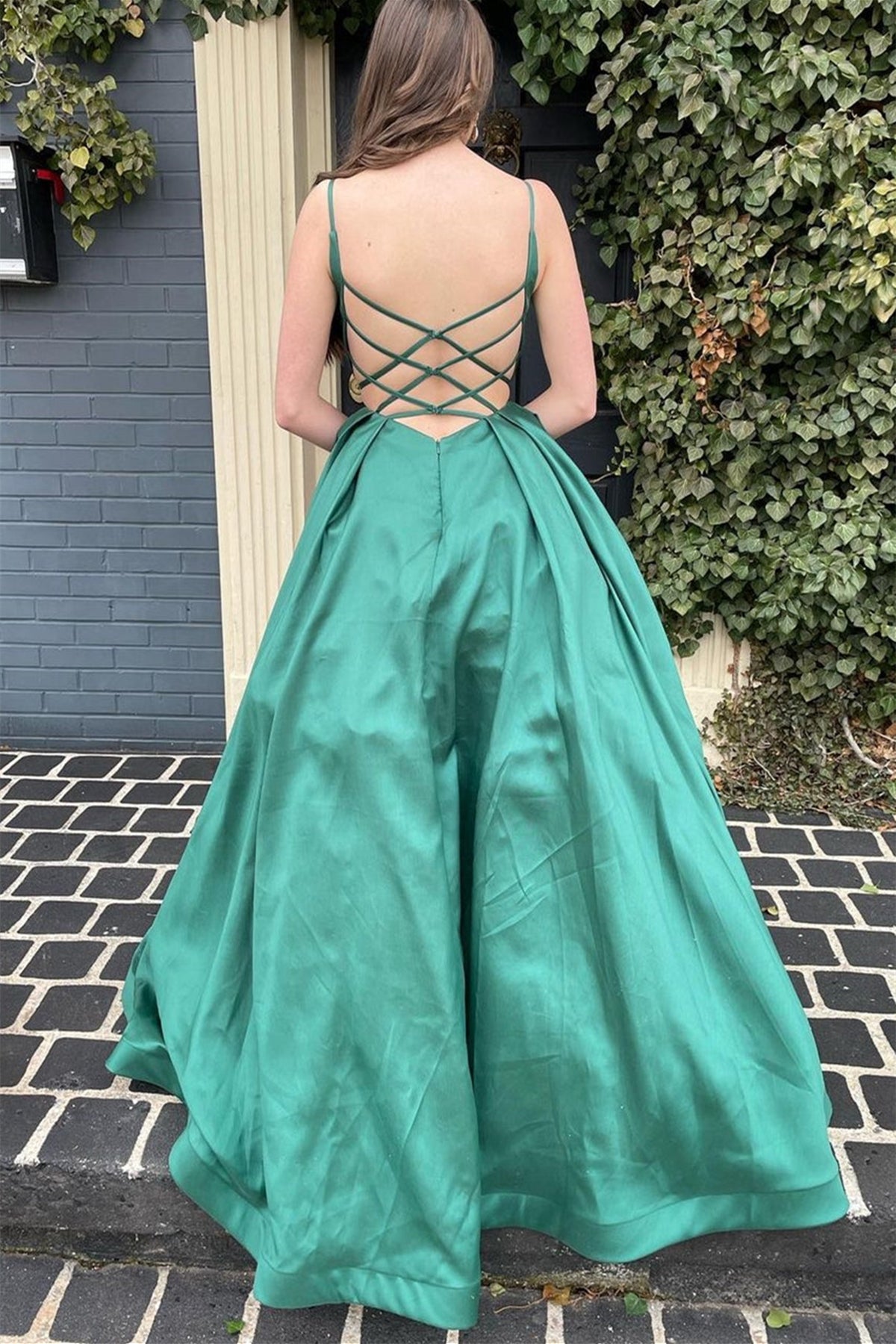 Unthony - A Line V Neck Open Back Green Satin Long Prom Dress