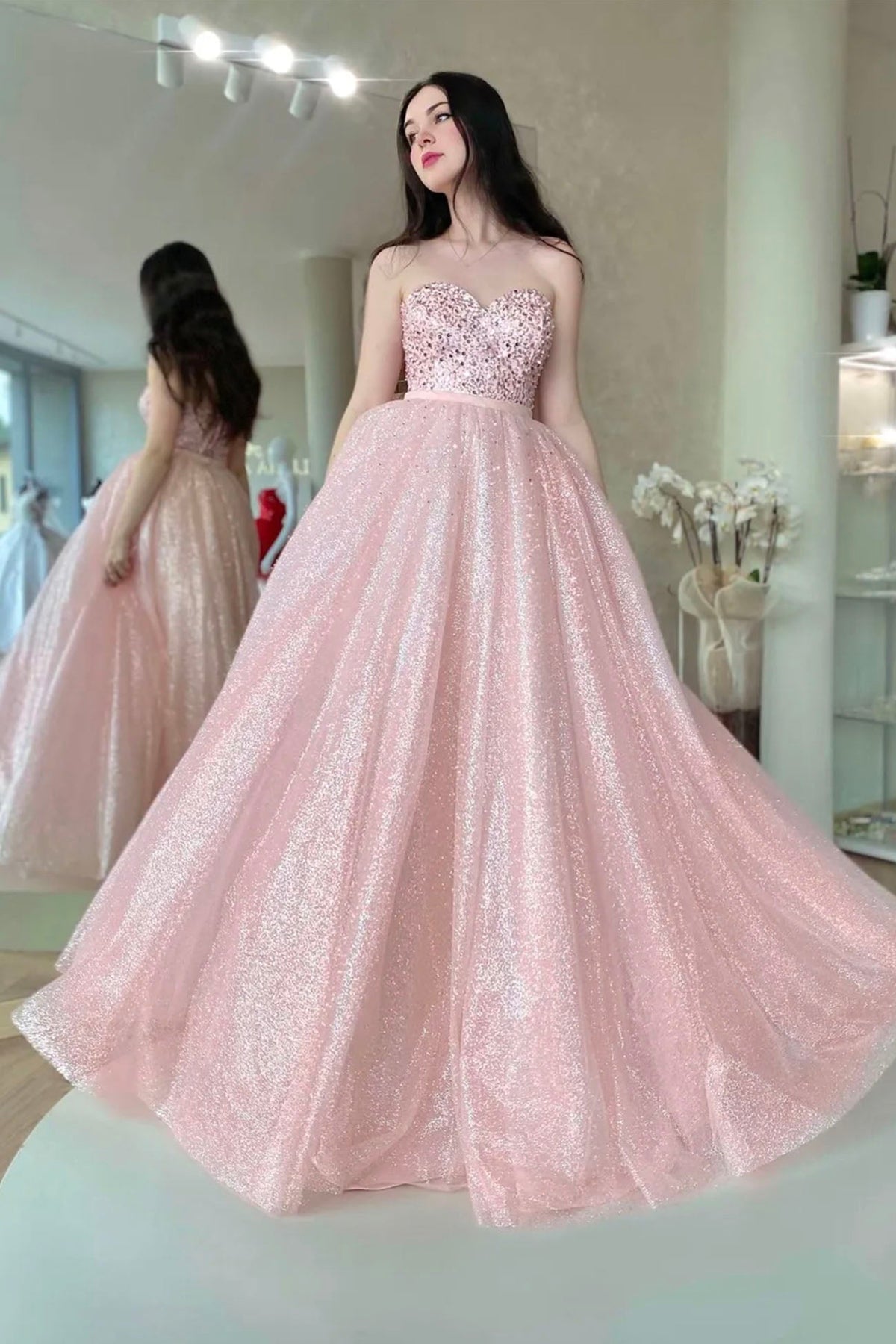 Unthony - Shiny Sweetheart Neck Strapless Beaded Pink Long Prom Dress