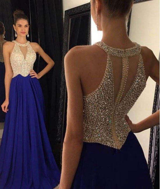 Unthony - Gorgeous Round Neck Beaded Blue Prom Dresses