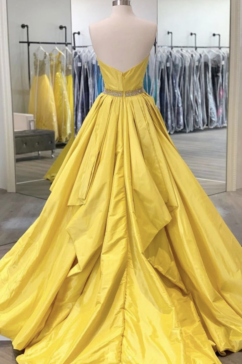 Unthony - Strapless Open Back Fluffy Yellow Satin Long Prom Dress