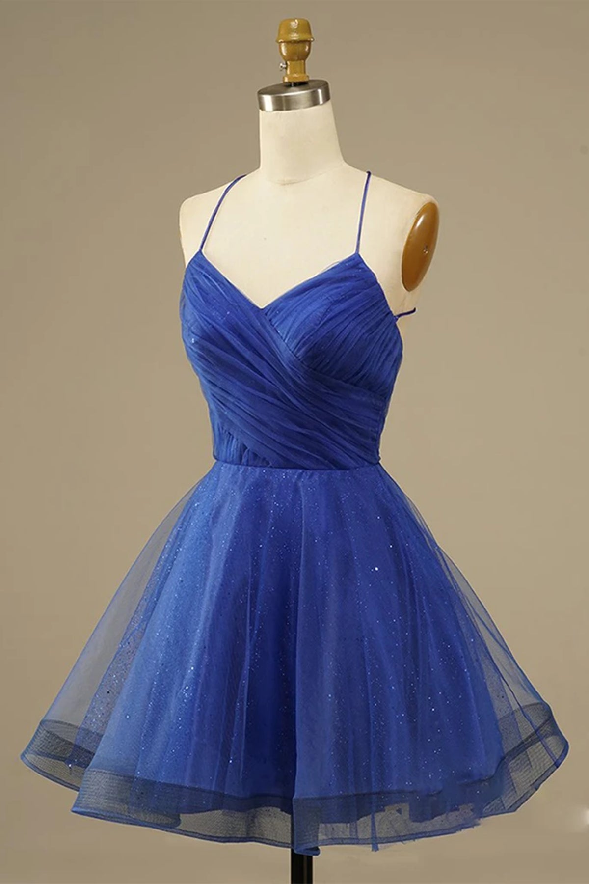 Unthony - A Line V Neck Backless Blue Tulle Prom Dress