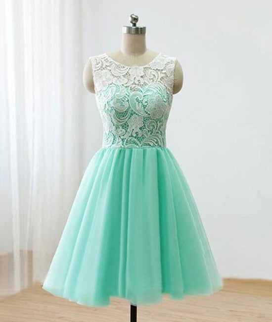 Unthony - Pretty Round-Neck Lace Tulle Short Green Prom Dresses