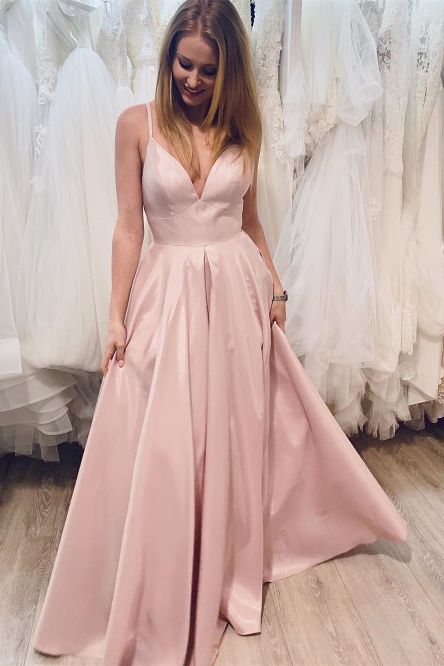 Unthony - A Line V Neck Pink Satin Long Prom Dress