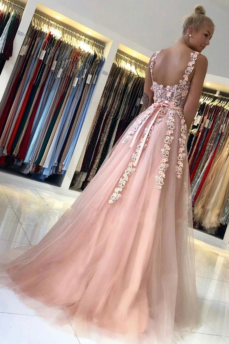 Unthony - Elegant Backless Long Pink Lace Floral Prom Dress