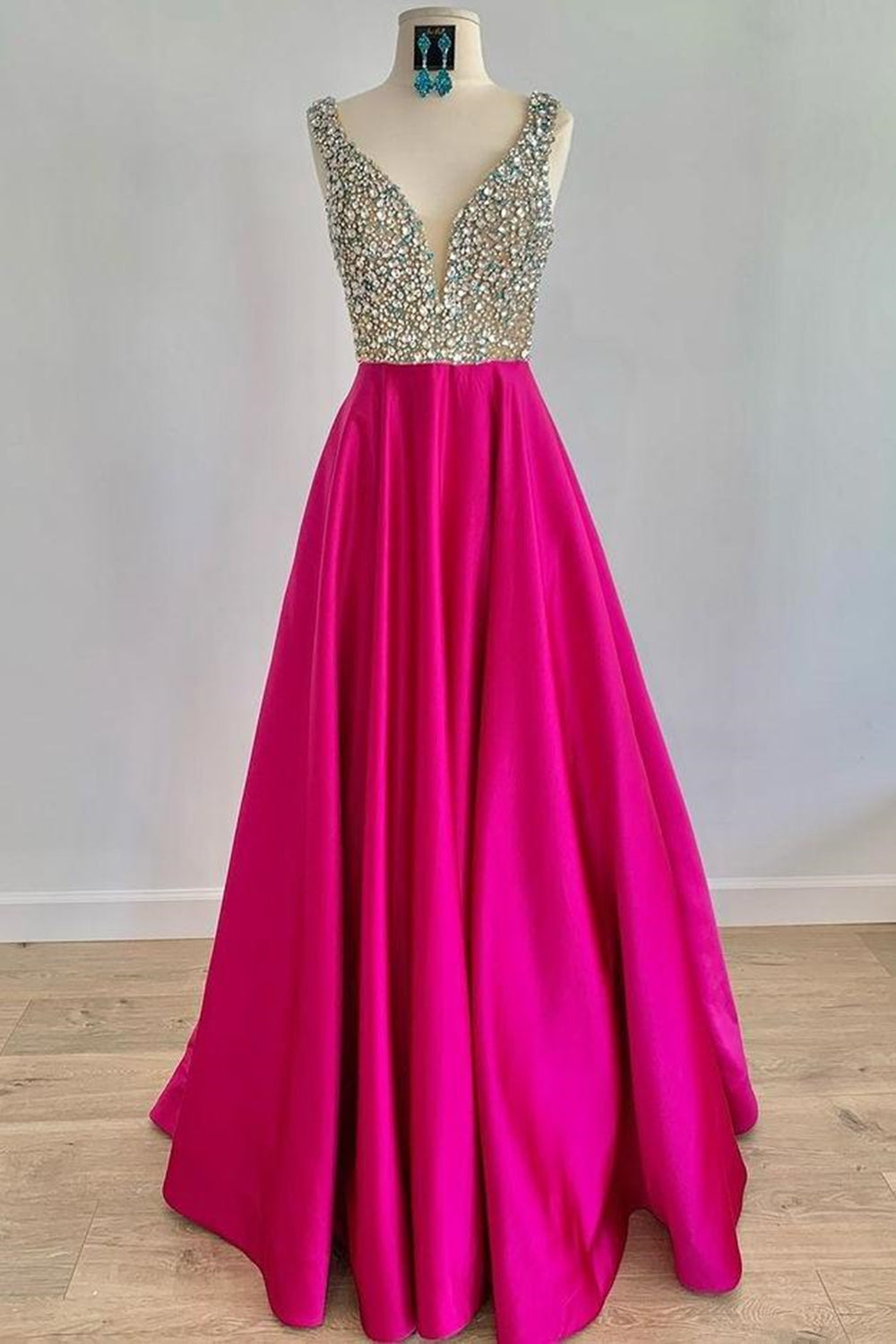 Unthony - A Line V Neck Beaded Fuchsia Long Prom Dress