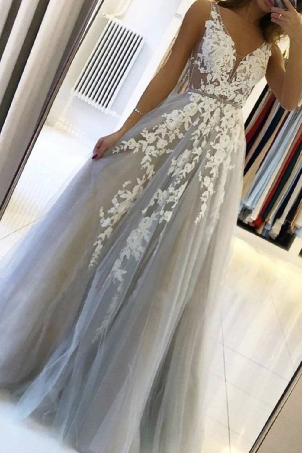 Unthony - V Neck Gray Lace Long Prom Dress