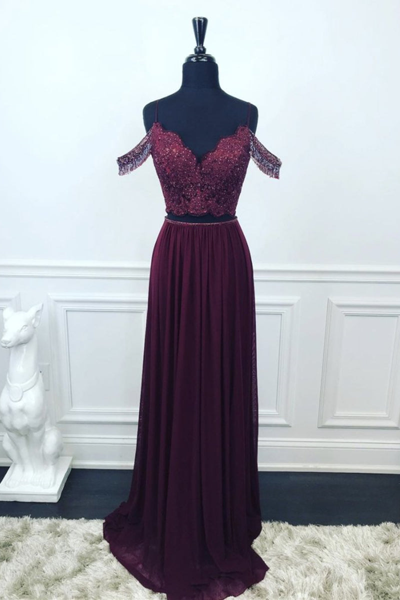 Unthony - Off Shoulder Two Pieces Purple Lace Long Prom Dress